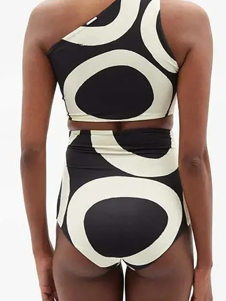 One-Shoulder Colorblock High-Waist Bikini Set, view 2 - Elena Harper