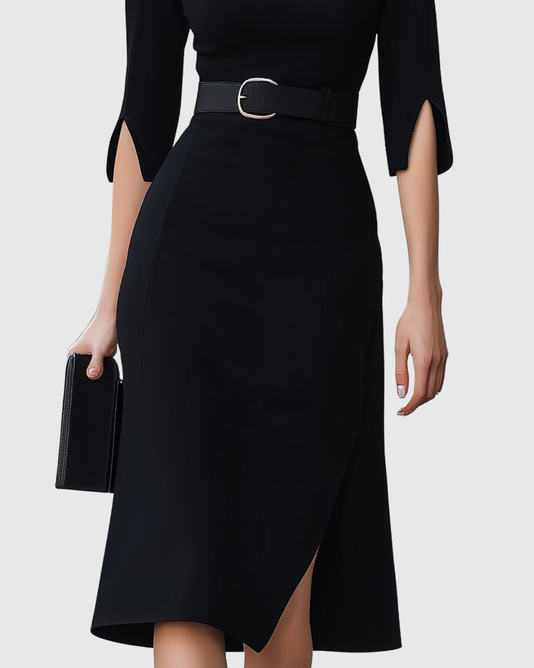 Blythewyn Classic Black Midi Dress, view 4 - Elena Harper