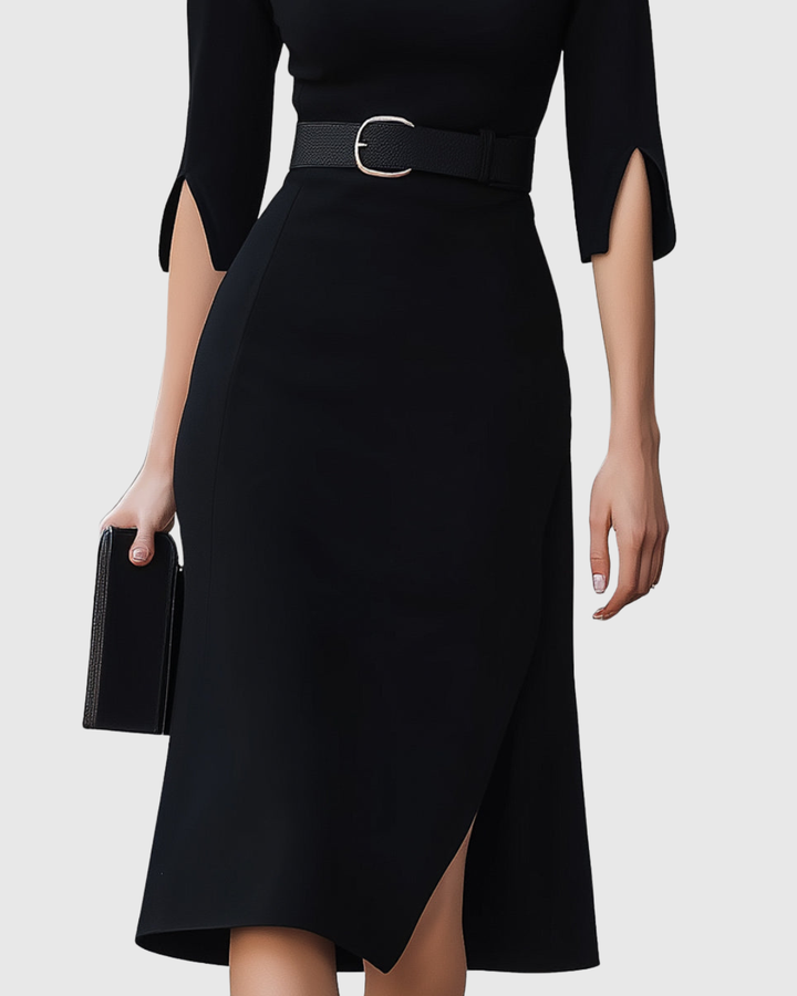 Blythewyn Classic Black Midi Dress, view 4 - Elena Harper