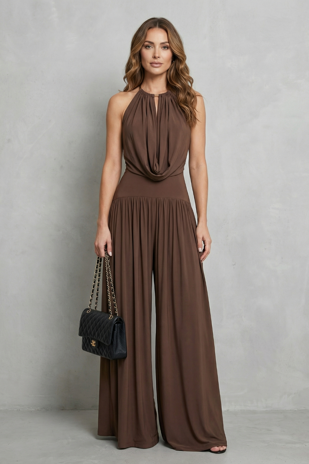 Women's Halter Cowl Top and Wide Leg Trouser Set Brienelle, view 2 - Elena Harper
