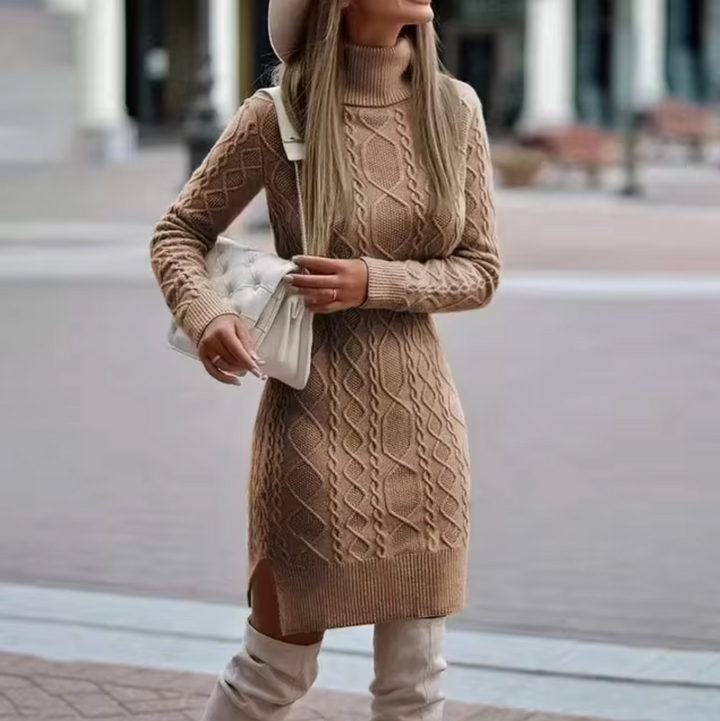 Women's Cable-Knit Turtleneck Sweater Dress with Side Slit