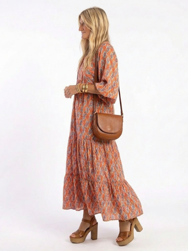 Amara Geometric Print V Neck Tiered Midi Dress - Elena Harper