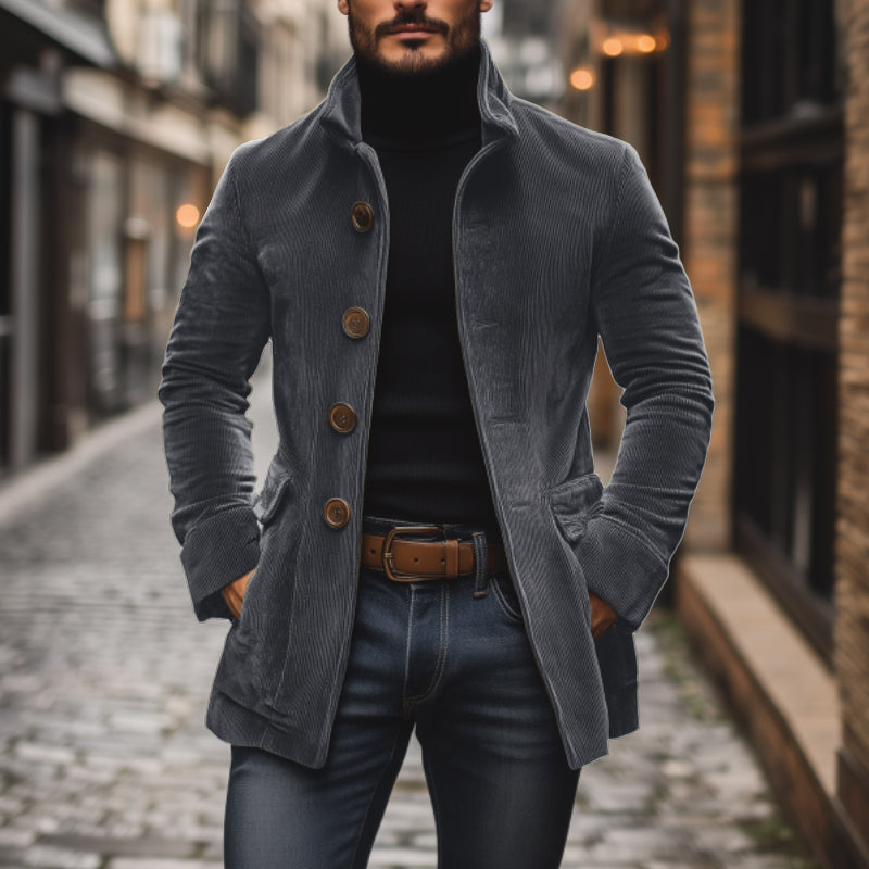 Tailored Short Corduroy Coat with High Collar for Men