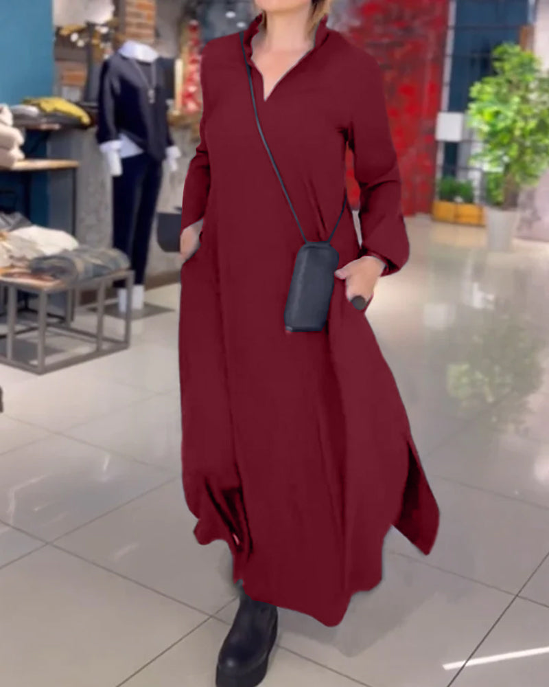 Long Soft Autumn Dress with Notched Collar and Side Slit