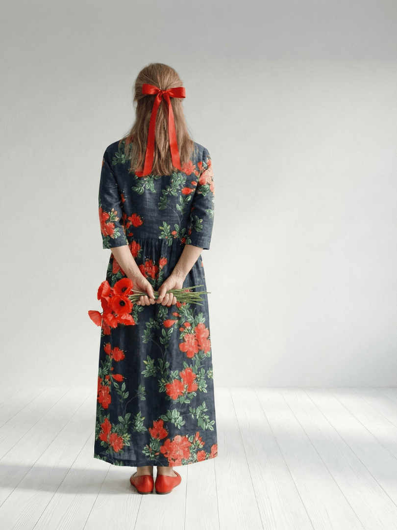 Emma & Rose Cape Town Cyrus™ Drape Floral Midi Dress with flowing fabric and vibrant floral pattern, displayed on a hanger.