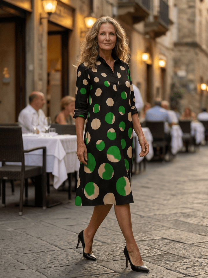 Kaia™ Dinner Walk Dress by Emma & Rose Cape Town, featuring elegant fabric and stylish design, shown on a model.
