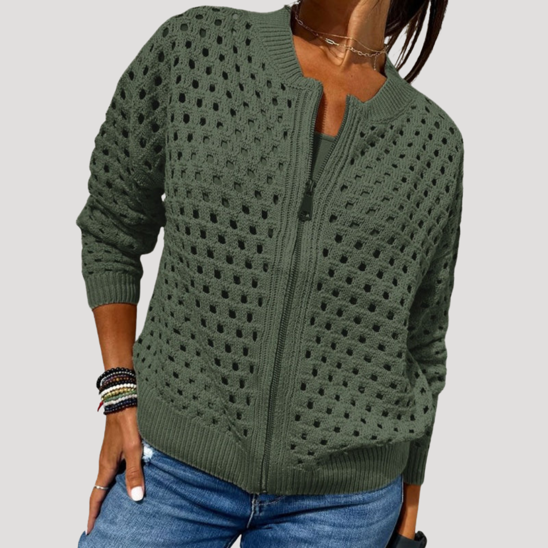 Women's Openwork Knit Zip Cardigan