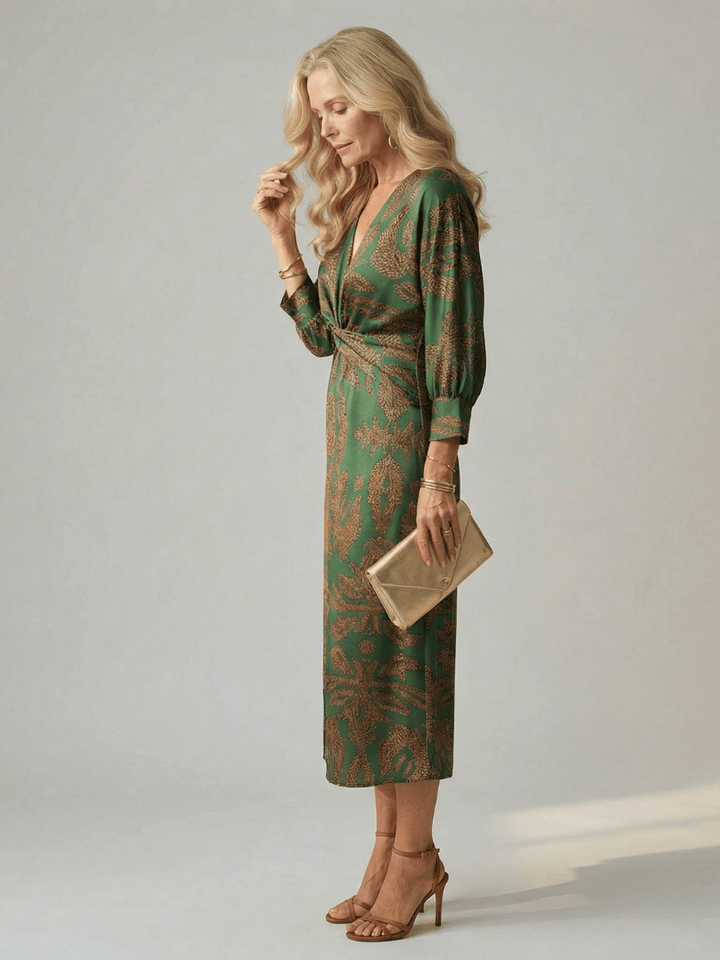 Emma & Rose Cape Town Lune™ natural wrap midi dress, lightweight fabric, elegant design, styled on a model.