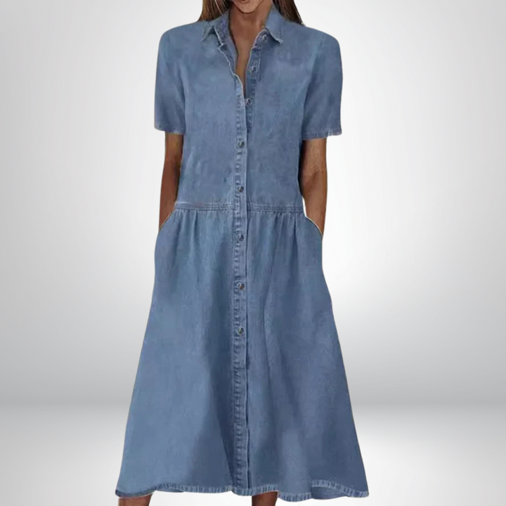 Aniela Elegant Denim Dress, view 2 - Elena Harper