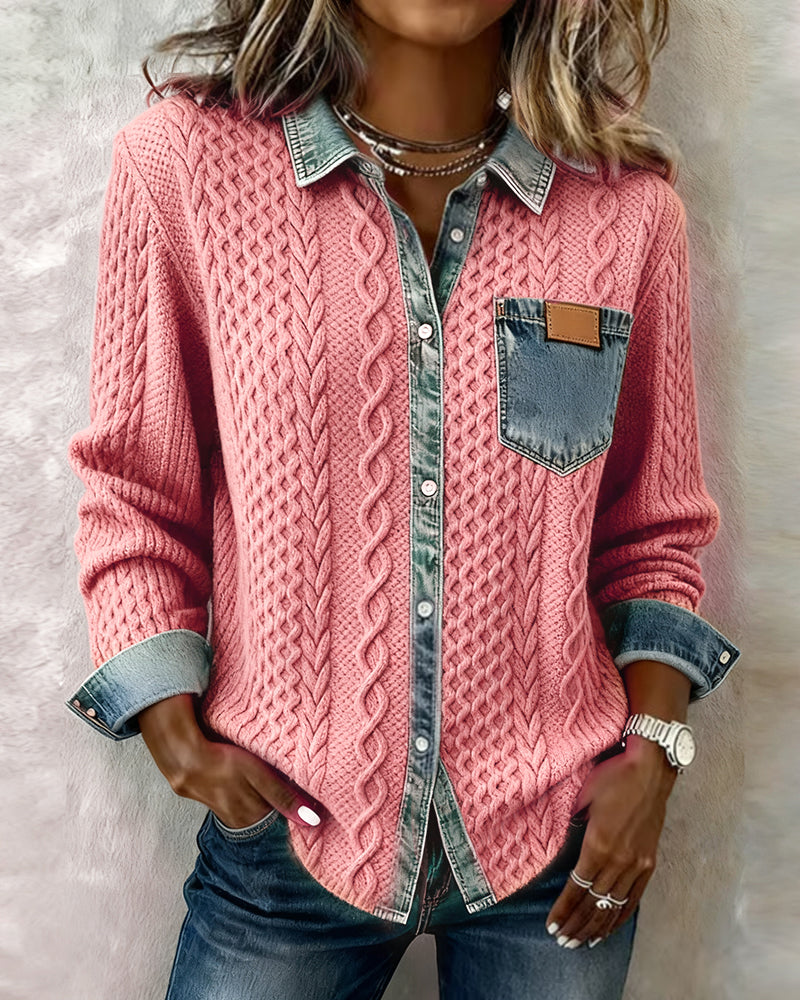 Women's Cable Knit Button-Front Blouse Elegant Textured Top, view 2 - Elena Harper