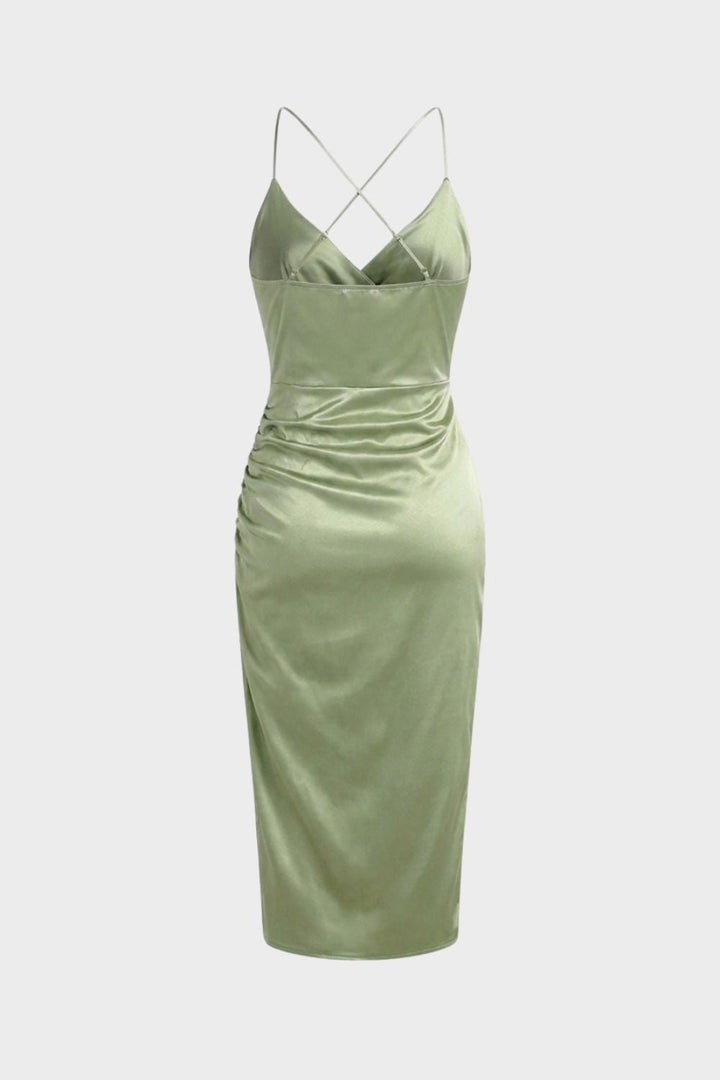 Women's Satin Maxi Dress with Wrap Look and Slit