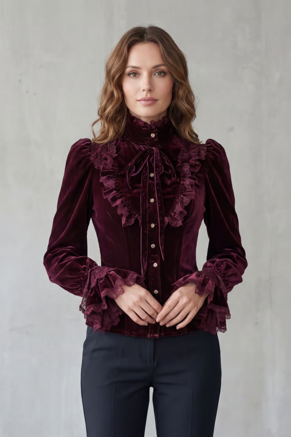 Women's Velvet Blouse with Ruffled Lace High Neck Stellienne, view 2 - Elena Harper