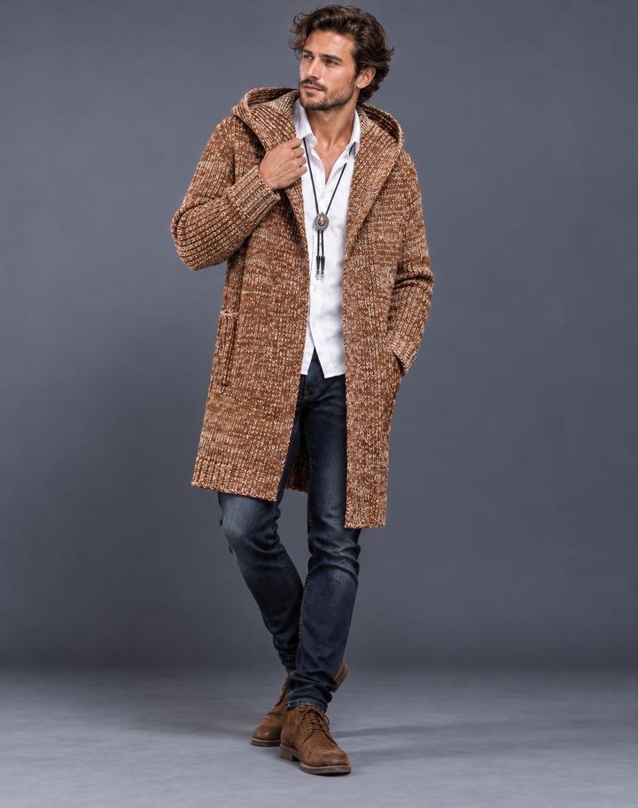 Men's Wool Knit Vest with Hood and Ribbed Cuffs