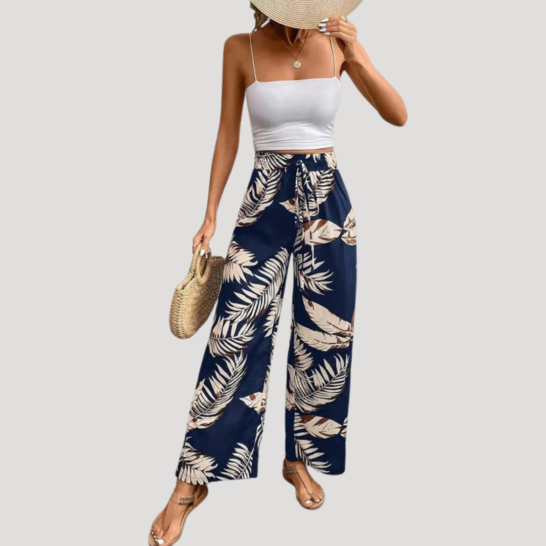 Women's Wide-Leg Tropical Print Pants with Drawstring Waist