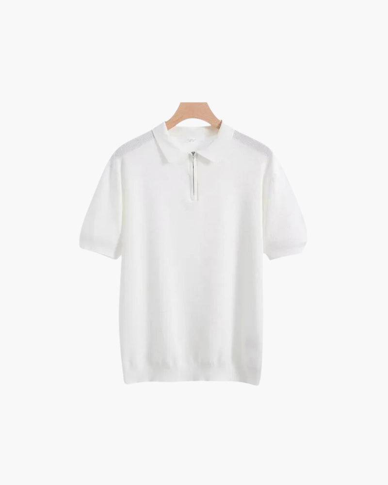 Men's Gerrit™ zip-up polo shirt by Emma & Rose Manhattan, summer main collection, navy blue with collar and zipper detail.