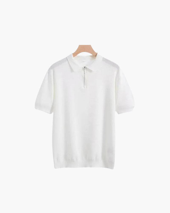 Men's Gerrit™ zip-up polo shirt by Emma & Rose Manhattan, summer main collection, navy blue with collar and zipper detail.