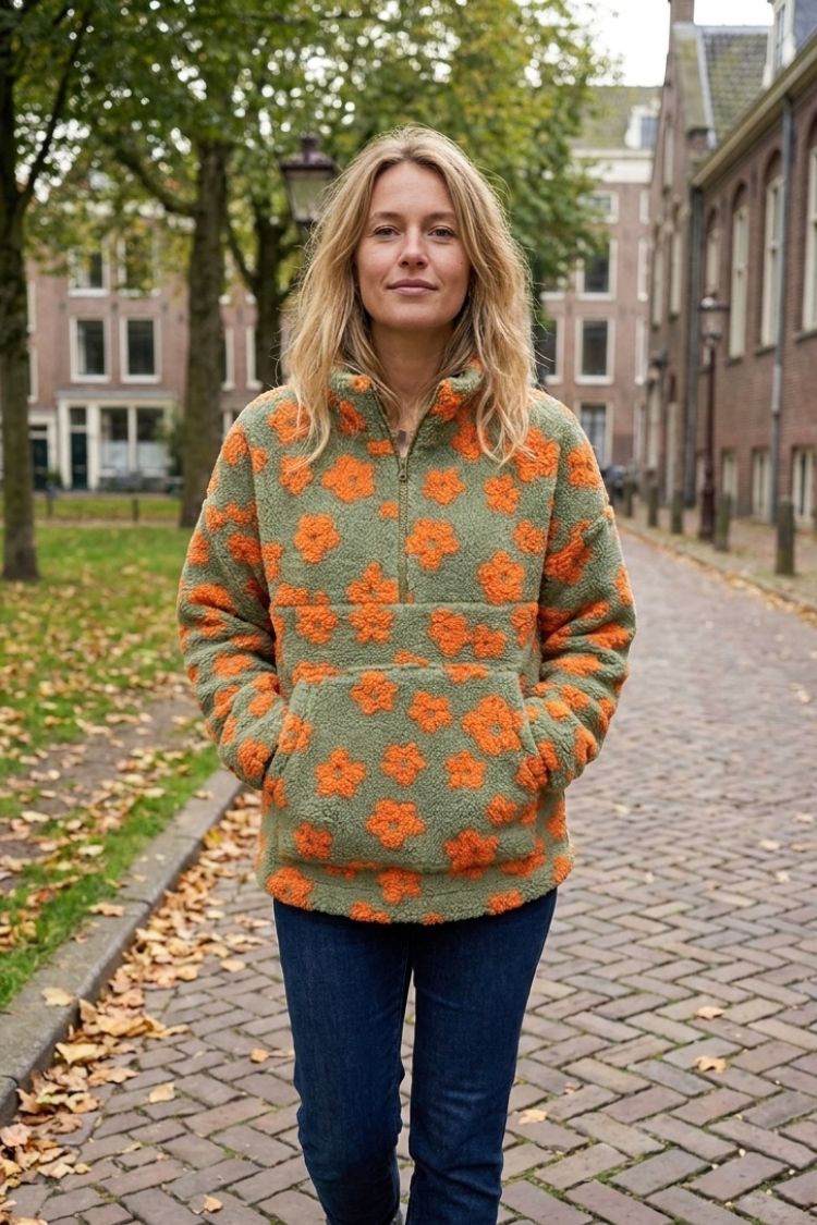Women's Oversized Sweater with Floral Pattern | High Neck & Loose Fit