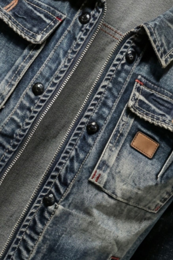 Men's Casual Jacket in Trucker Style Button Placket & Chest Pockets, view 2 - Elena Harper