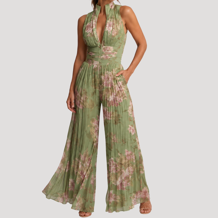 Floral Women's Jumpsuit with Wide Pants and Open Back
