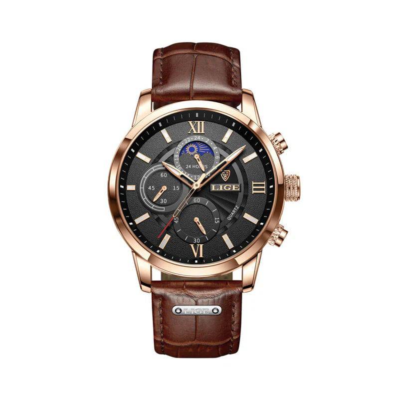 Emma & Rose Manhattan Rudolf™ Napoli Classic Watch with black leather strap and round silver dial showing time and minimalist design.
