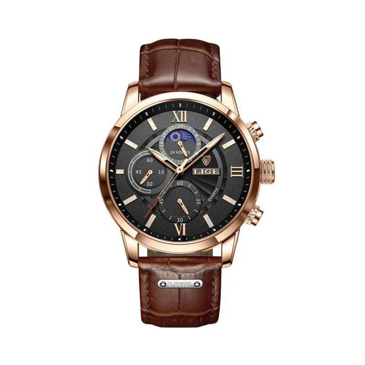 Emma & Rose Manhattan Rudolf™ Napoli Classic Watch with black leather strap and round silver dial showing time and minimalist design.