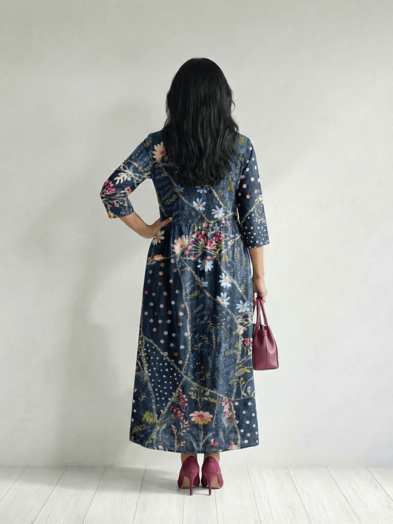 Zane™ Gather Floral Midi Dress by Emma & Rose Cape Town, featuring a fitted bodice and flowy skirt with vibrant floral patterns.