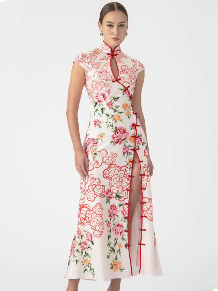 Cloud Peony Print Cheongsam Dress