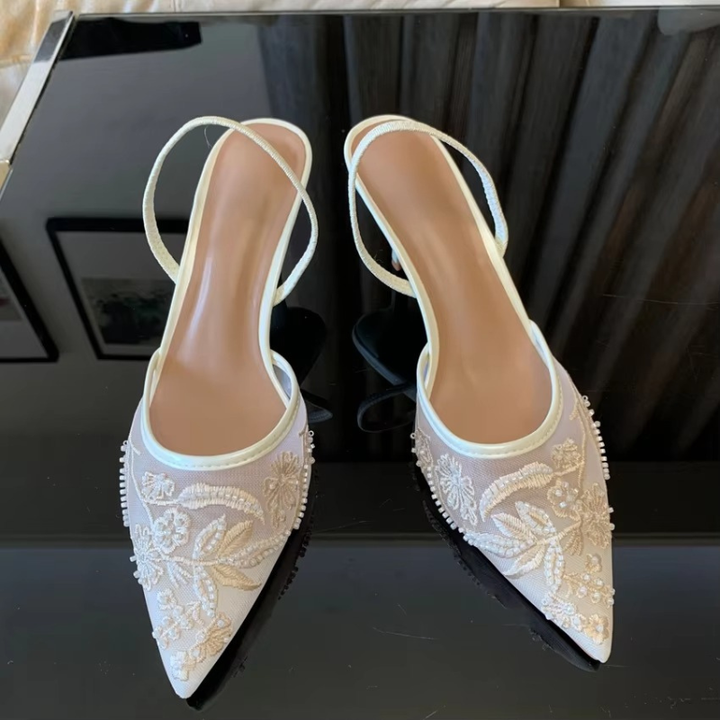 Embroidered Mesh Slingback Kitten Heels Pointed Toe