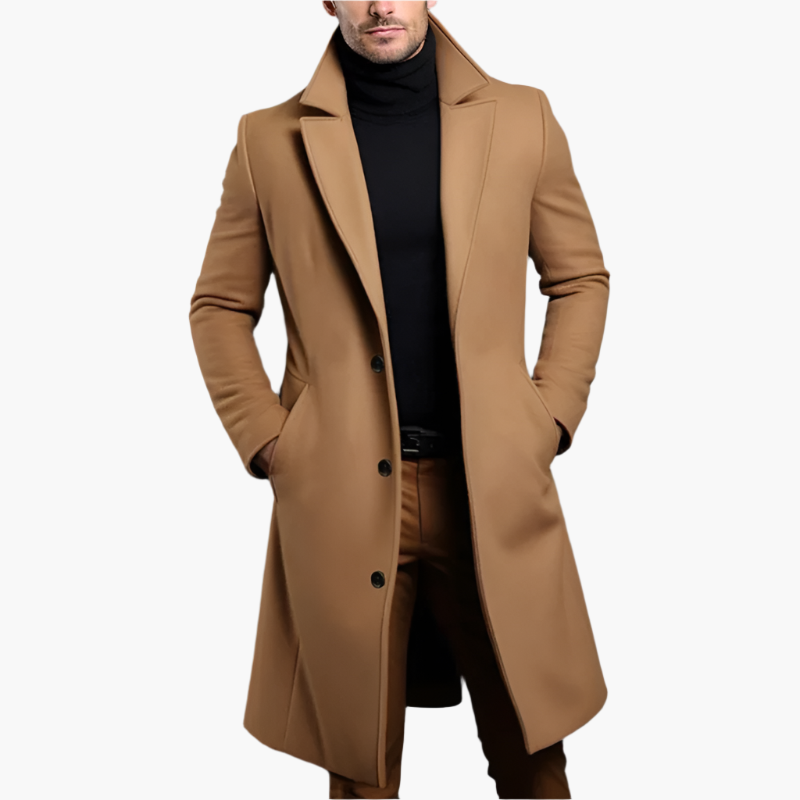 Classic Men's Single-Breasted Wool Blend Coat – Elegant Winter Trench