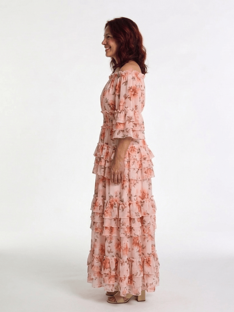 Emma & Rose Cape Town Rosalie™ ruffle tiered maxi dress with flowing fabric and layered ruffle details, full-length design.