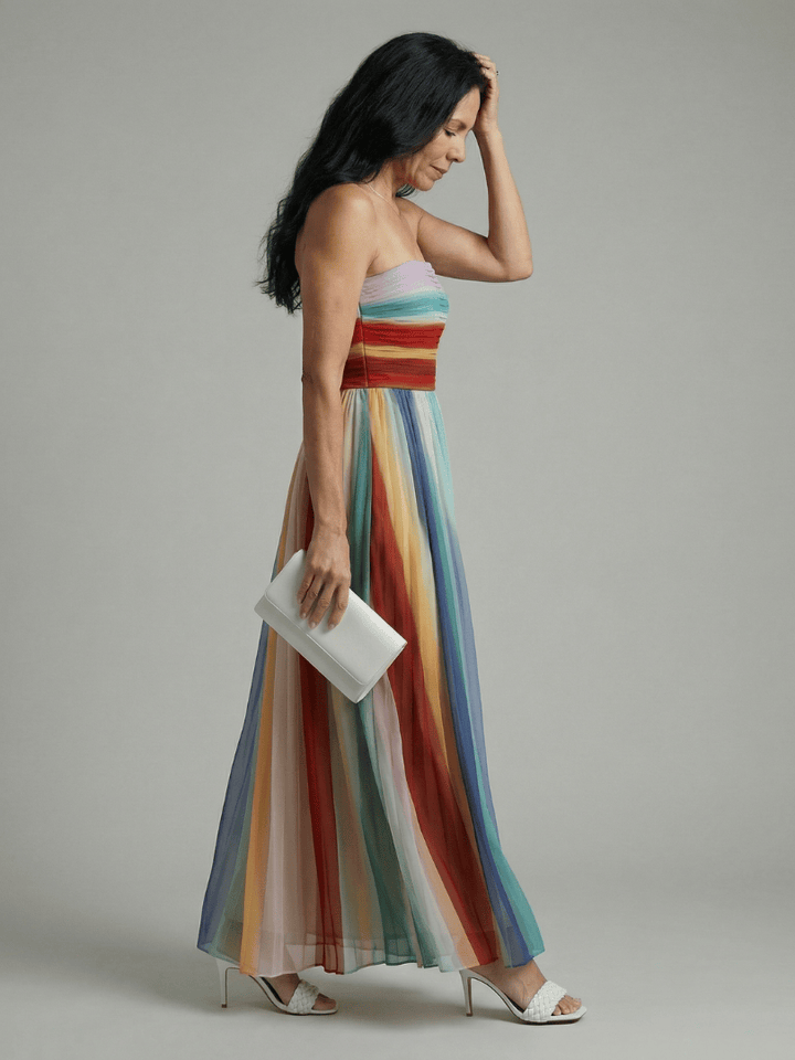 Emma & Rose Cape Town Serene™ Light Stripe Maxi Dress, flowing fabric with pastel stripe pattern, sleeveless design and V-neck style.