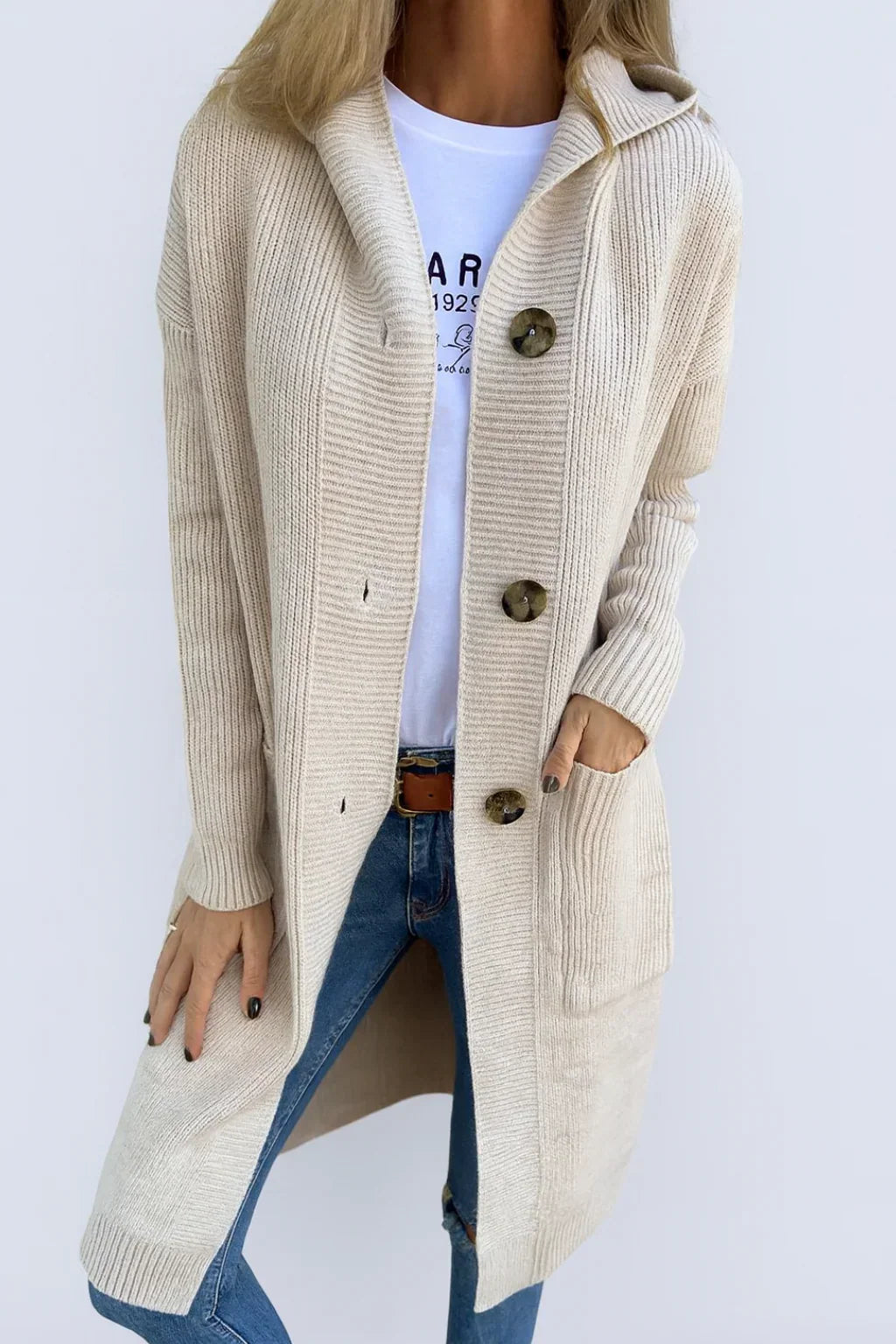 Sophie - Elegant Long Buttoned Hooded Cardigan