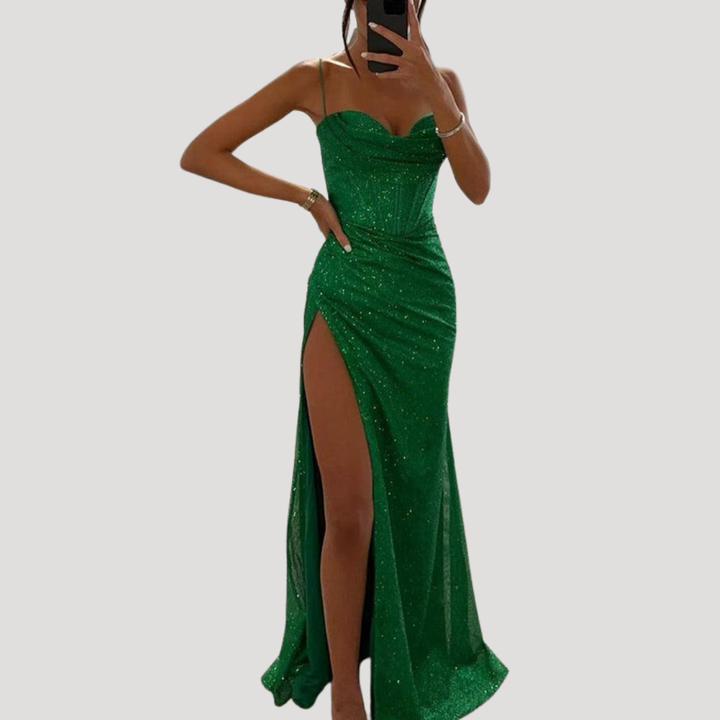 Elegant Long Evening Dress with Slit and Thin Straps