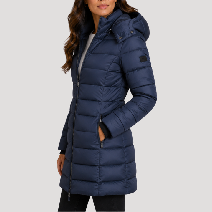 Long Women's Puffer Jacket with Hood and Zipper Closure