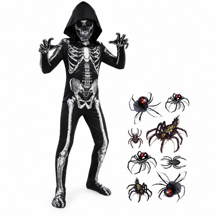 Kids Skeleton Suit with Hood - Halloween Costume Bodysuit