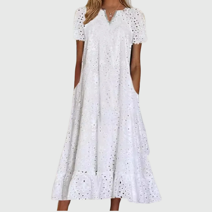 April Elegant and Flowing Midi Dress, view 2 - Elena Harper