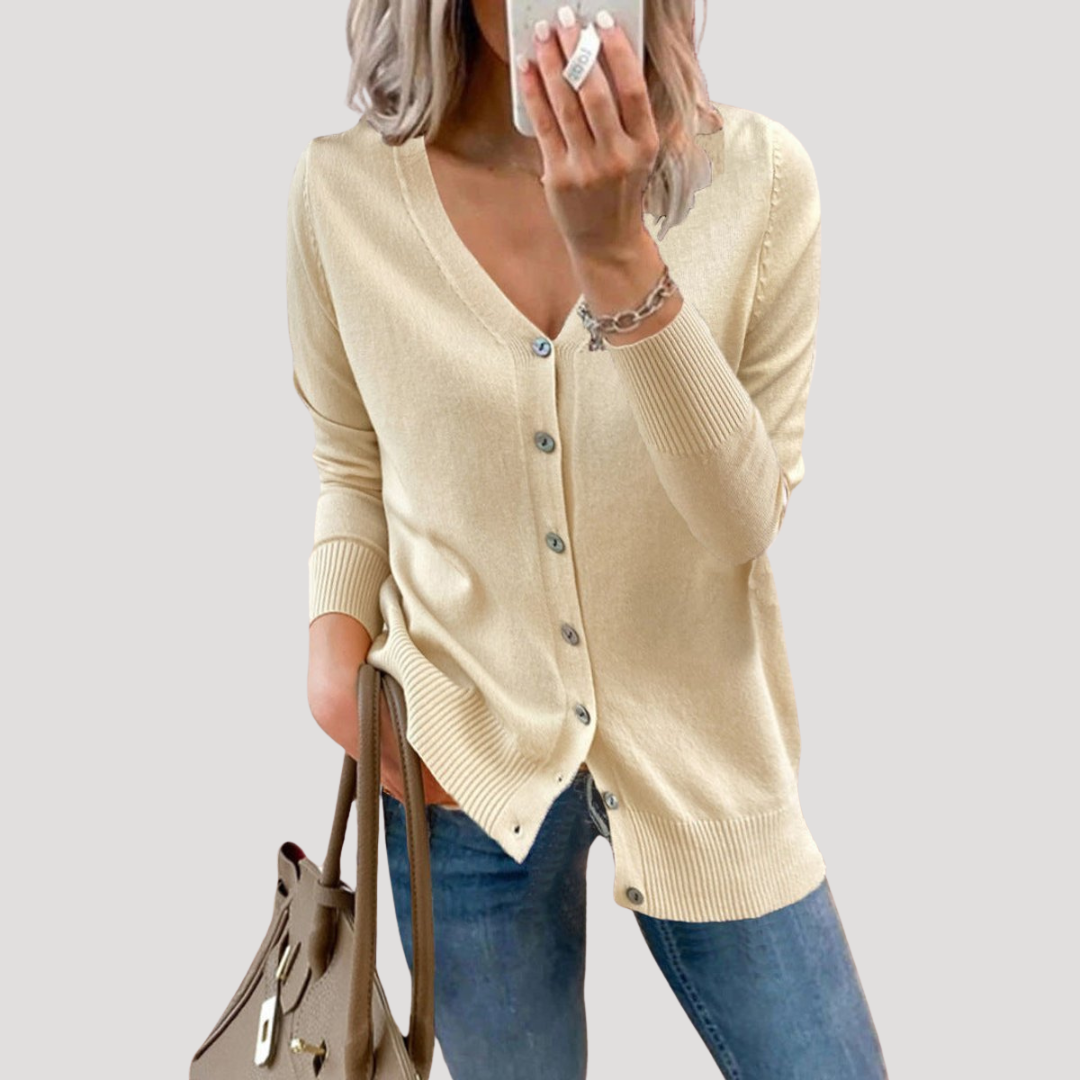 Women's V-Neck Knit Cardigan with Ribbed Cuffs