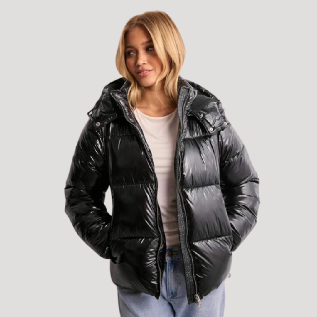 Women's Hooded Puffer Jacket with Shiny Finish
