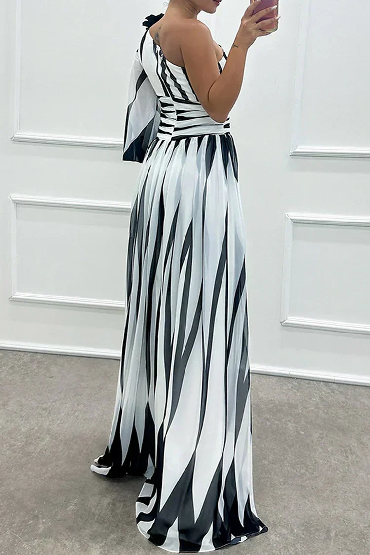 Women's Striped One-Shoulder Maxi Dress with Slit