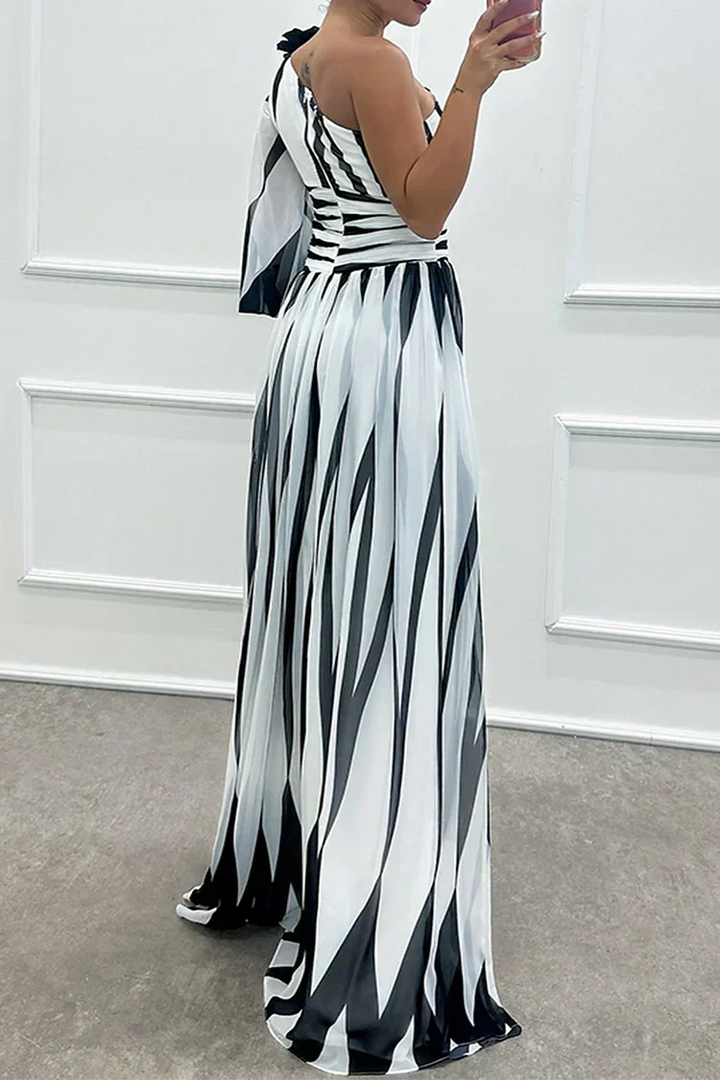 Women's Striped One-Shoulder Maxi Dress with Slit