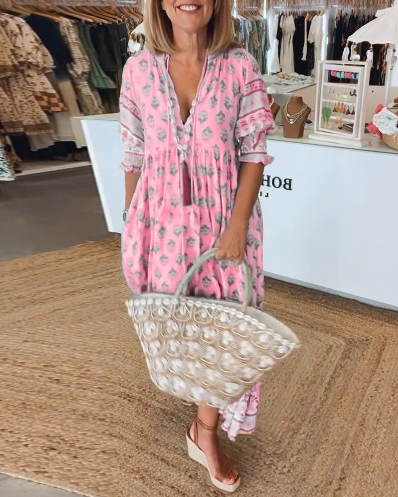Elizabeth | Women's Boho Printed Tassel Tie Midi Dress