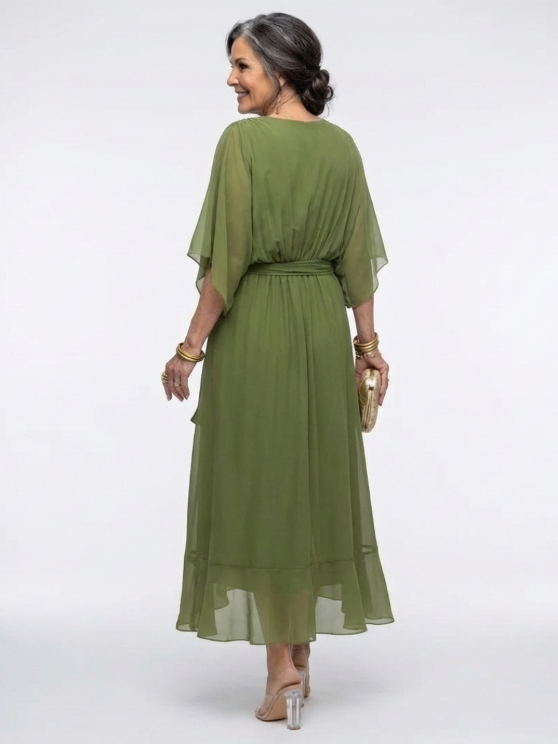 Elysia V Neck Draped Waist Tie Midi Dress - Elena Harper