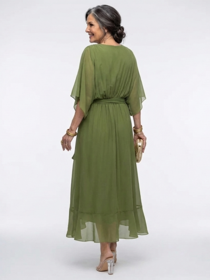 Elysia V Neck Draped Waist Tie Midi Dress - Elena Harper