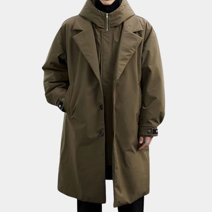 Men's Hooded Layered Trench Coat with Zip Insert