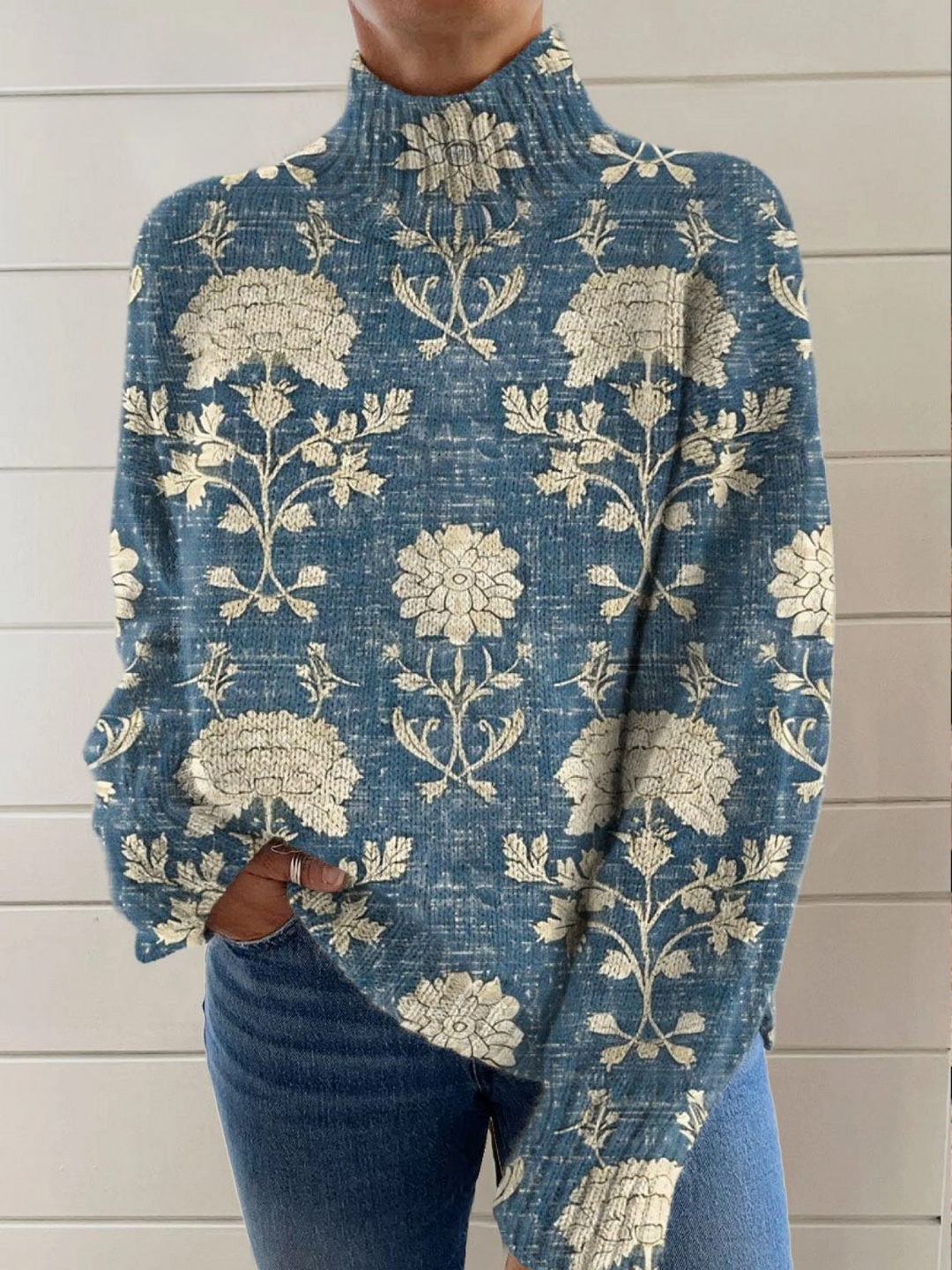 Emma & Rose Cape Town floral turtleneck sweater featuring a timeless floral pattern and cozy knit fabric.