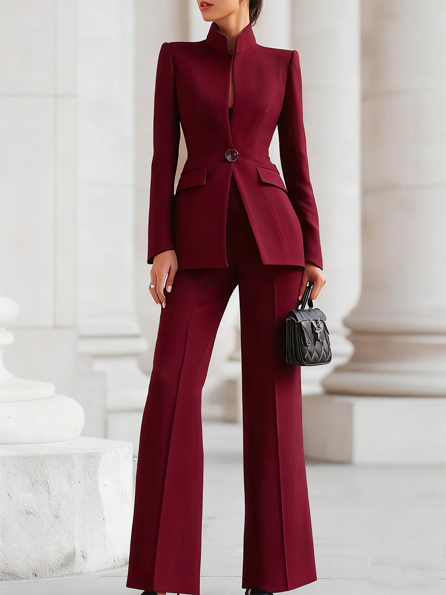 Women's Tailored Blazer and Wide Leg Pants Set – Suitable for Work and Formal Occasions