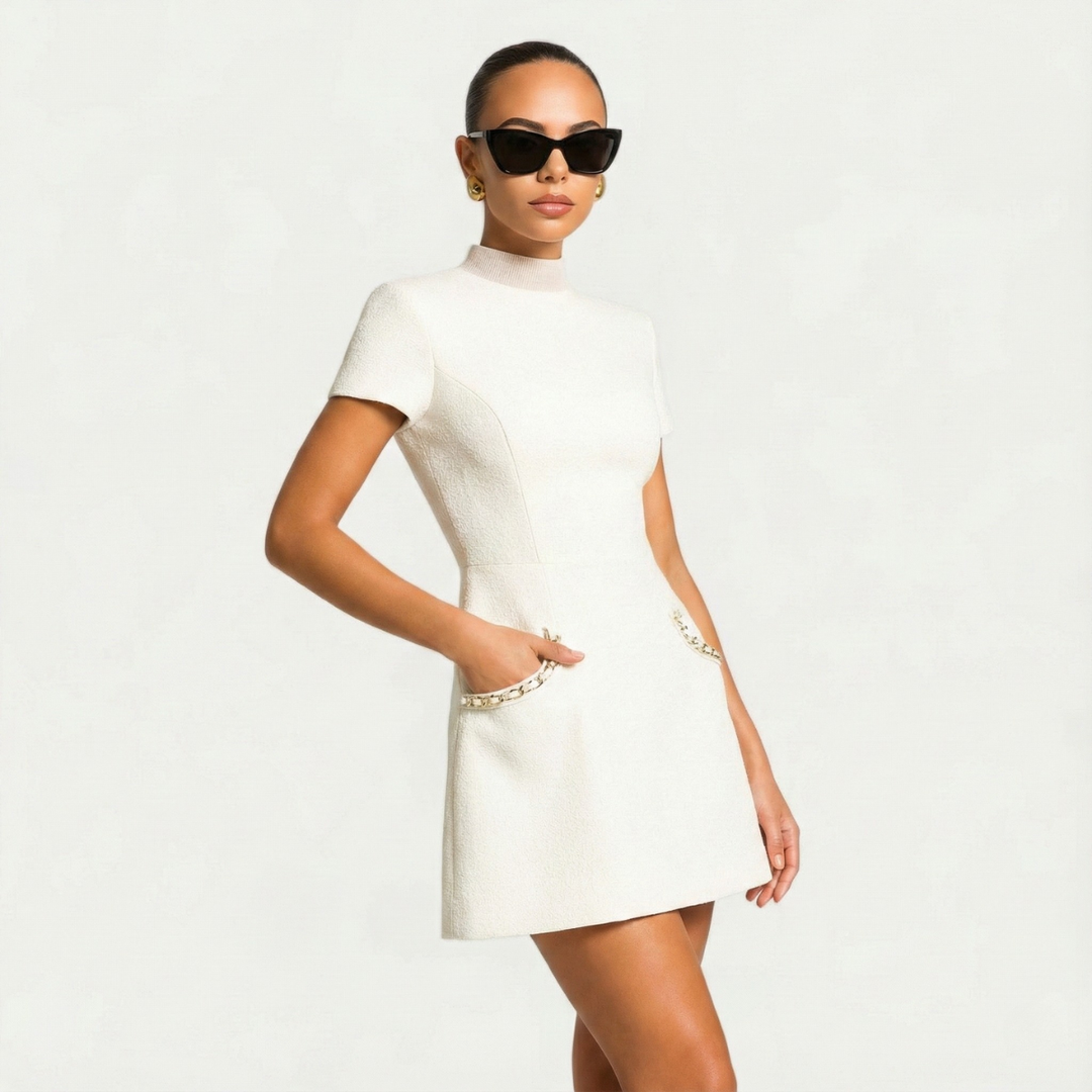 Women's Elegant Mini Cocktail Dress with Pearl Trim