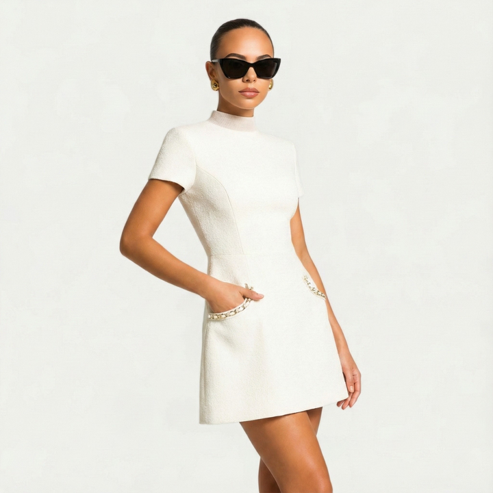 Women's Elegant Mini Cocktail Dress with Pearl Trim