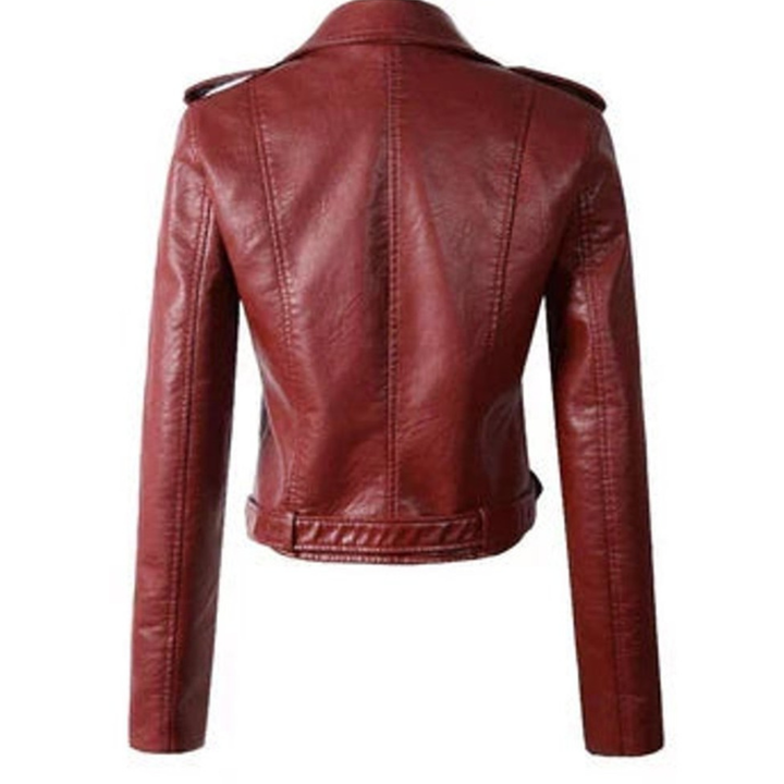 Cropped Belted Asymmetric Faux Leather Jacket, view 4 - Elena Harper