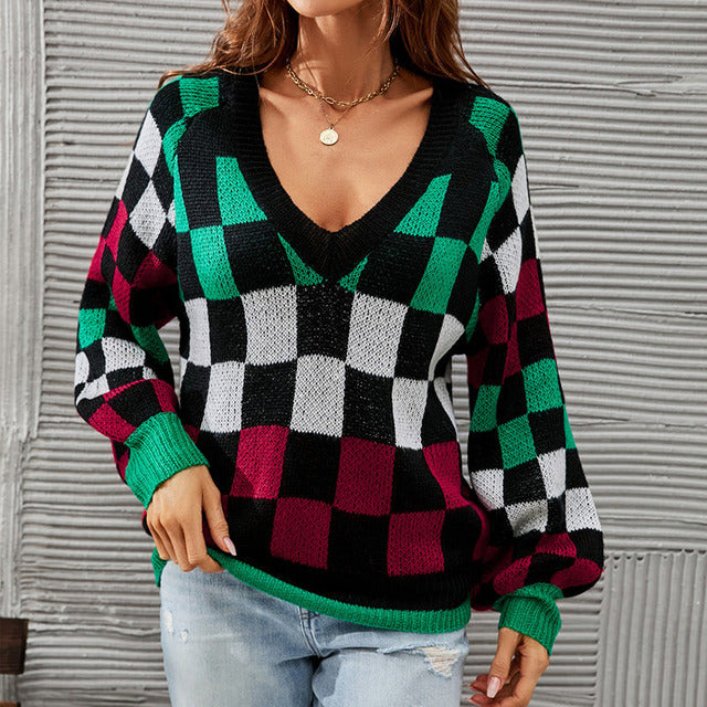Contrast Color Checked Pullover